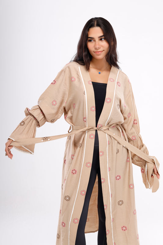 Flounce Long Sleeve Linen Kimono - Beige