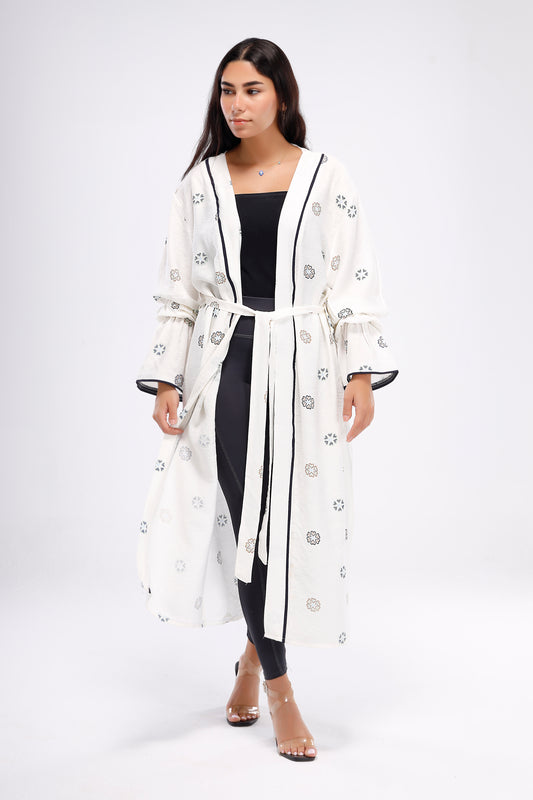 Flounce Long Sleeve Linen Kimono - White Blue