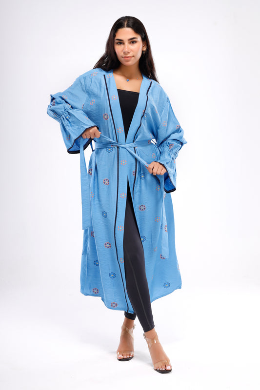 Flounce Long Sleeve Linen Kimono - Blue