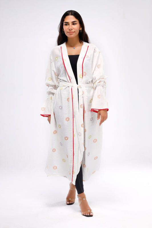 Flounce Long Sleeve Linen Kimono - White Pink