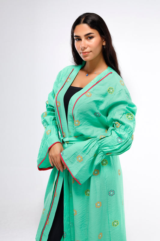 Flounce Long Sleeve Linen Kimono - Green