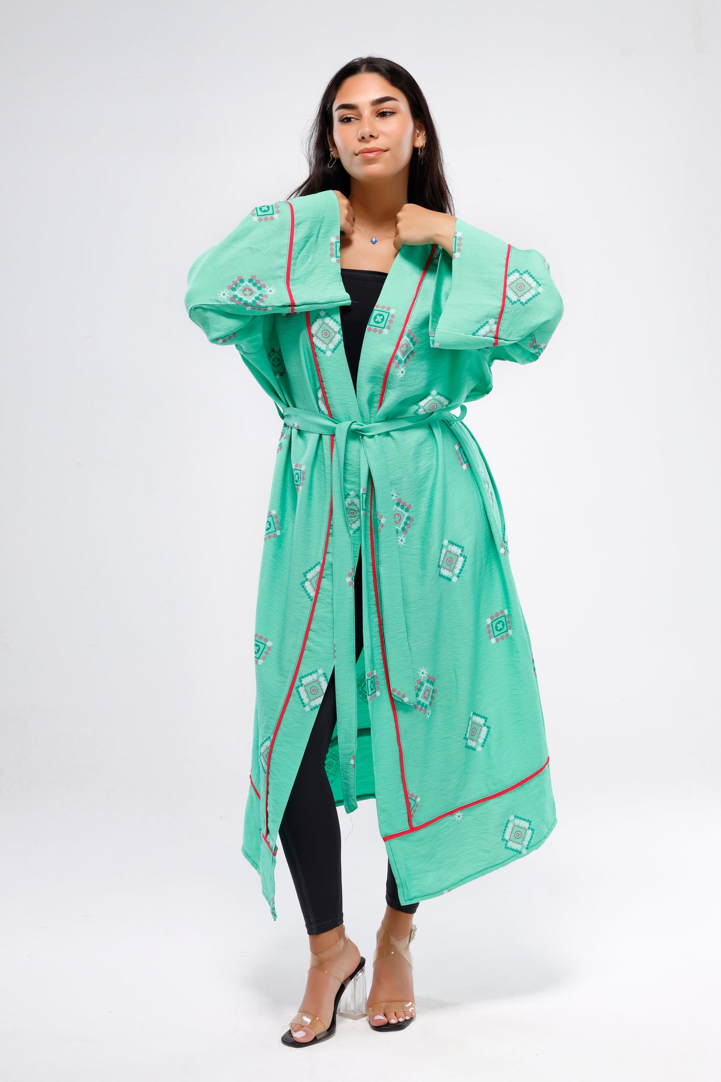 Flounce Long Sleeve Linen Kimono - Green