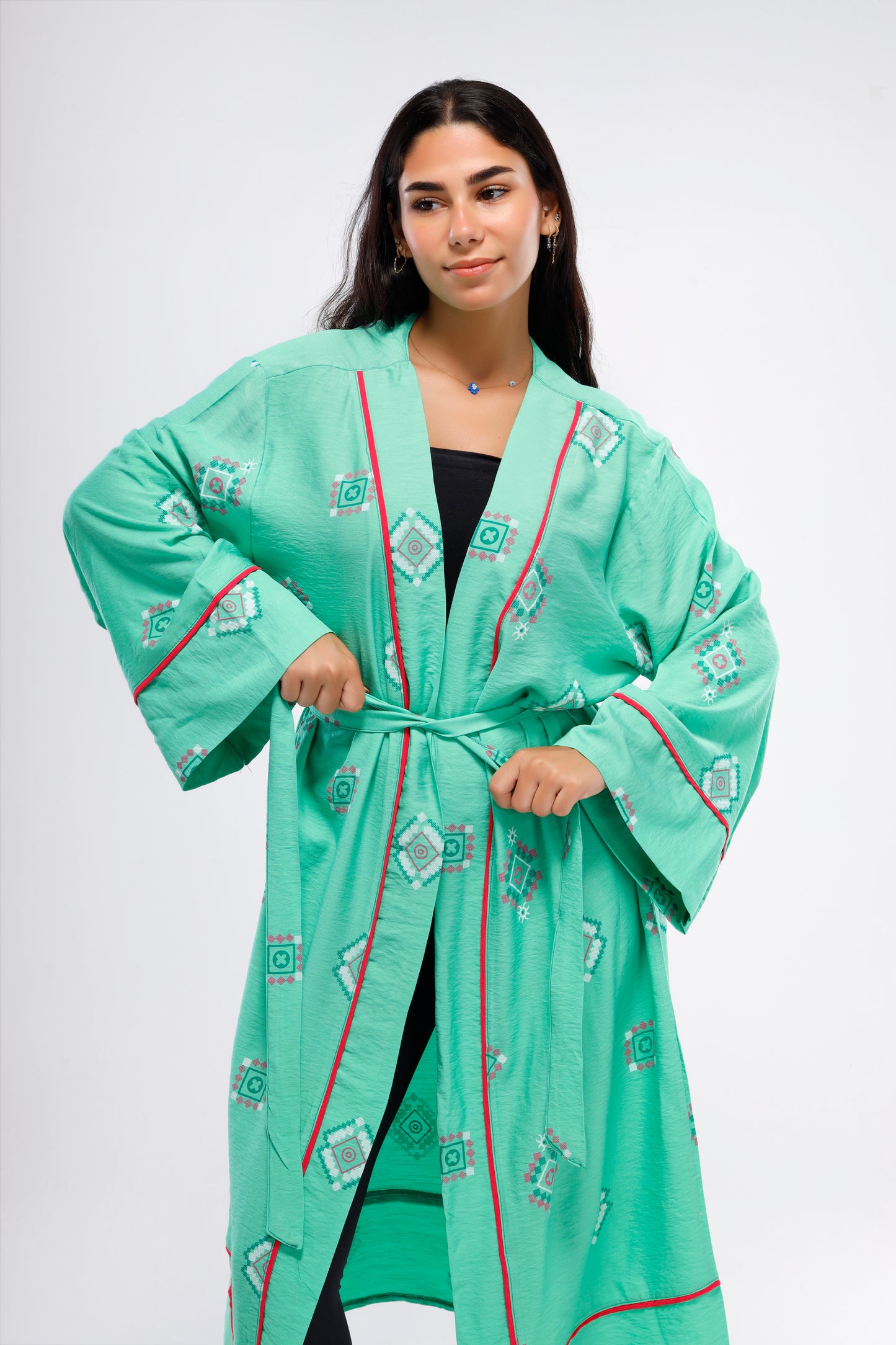 Flounce Long Sleeve Linen Kimono - Green