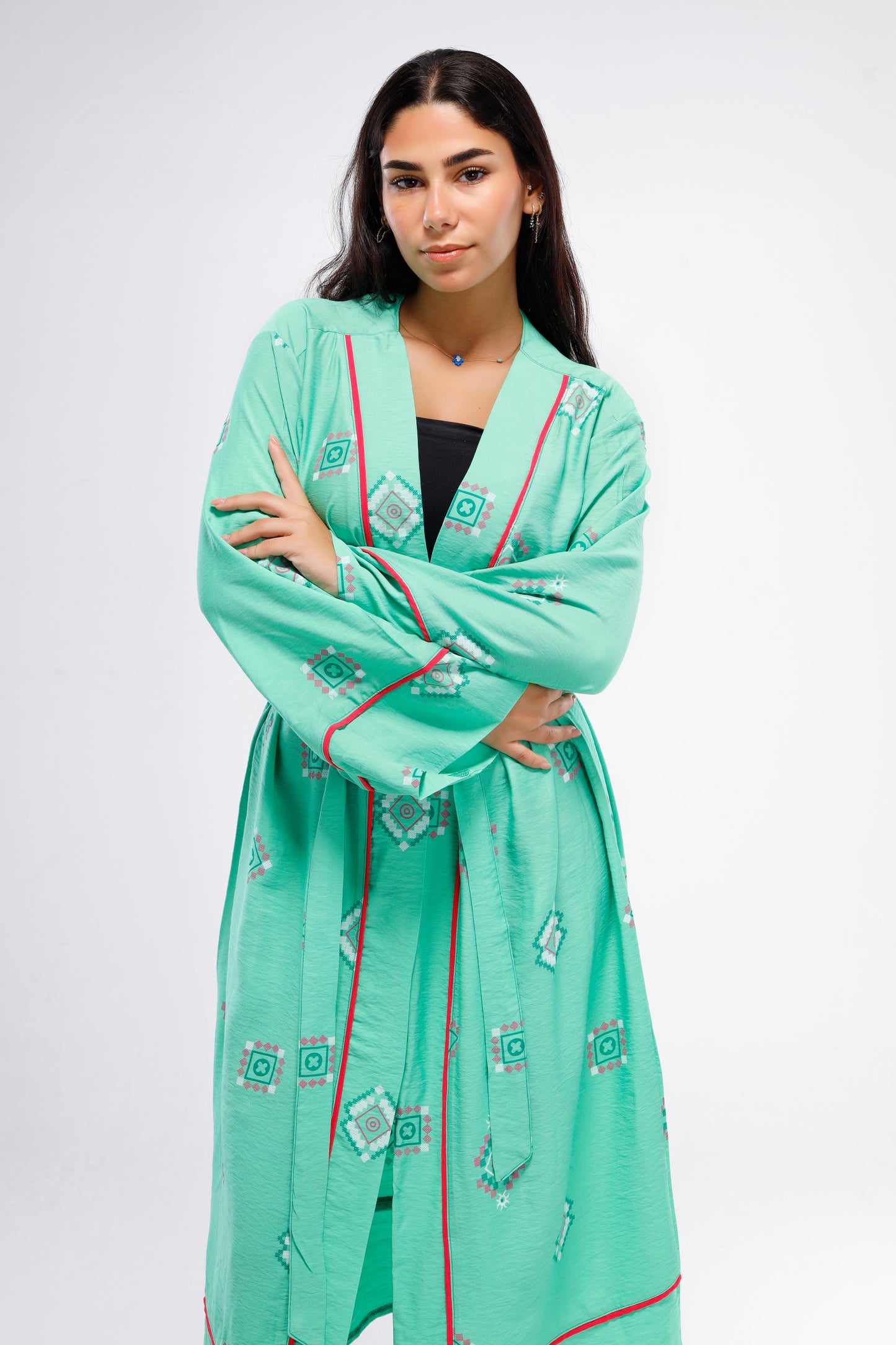 Flounce Long Sleeve Linen Kimono - Green