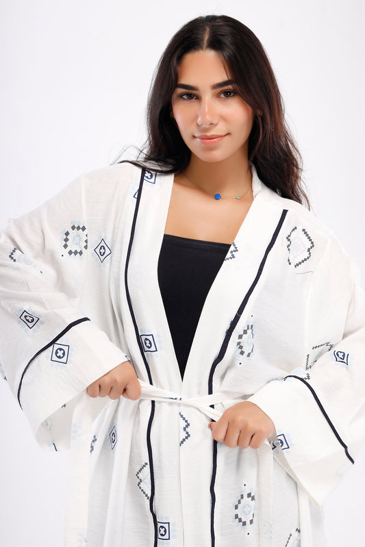 Linen Kimono Wide Long Sleeve - White Blue