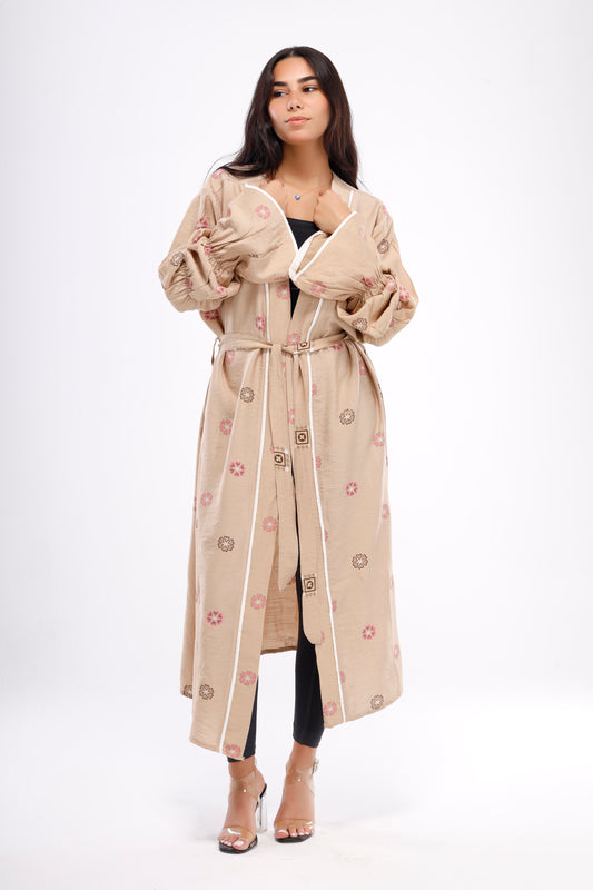 Flounce Long Sleeve Linen Kimono - Beige