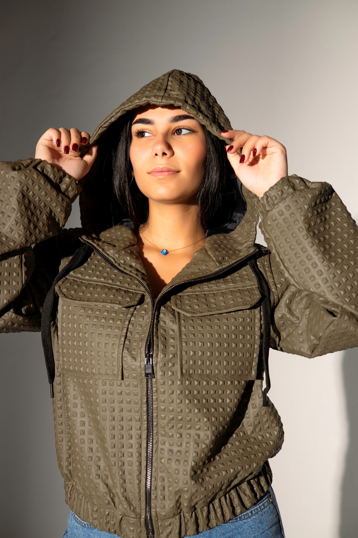 Hooded Short Leather Jacket - Olive