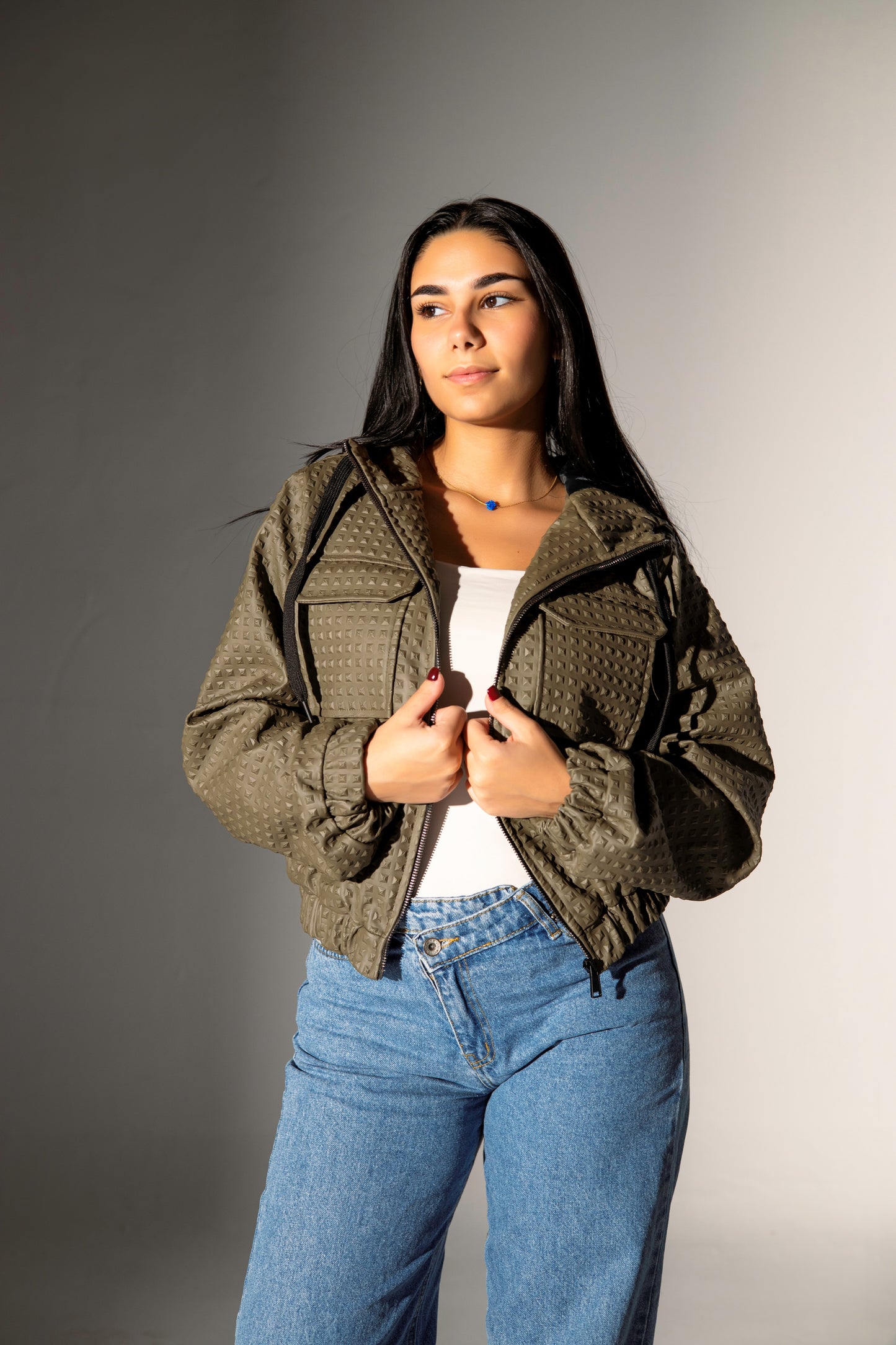 Hooded Short Leather Jacket - Olive