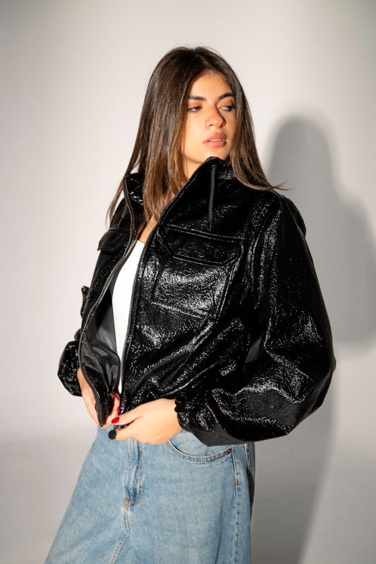 Hooded Short Leather Jacket - Glossy Black