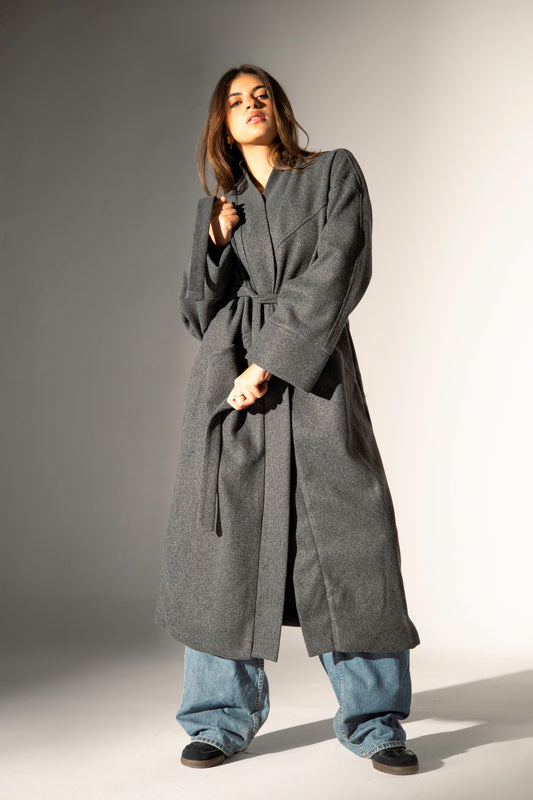 Longline Belted Coat - Grey