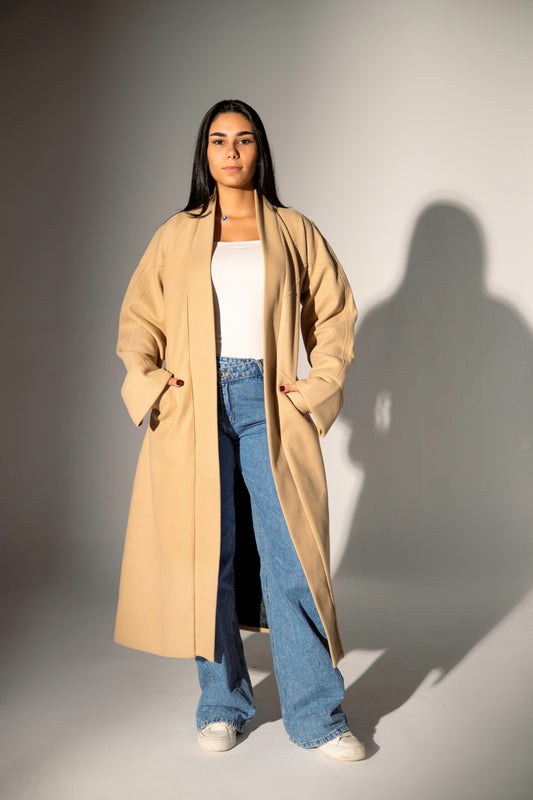 Longline Belted Coat - Beige