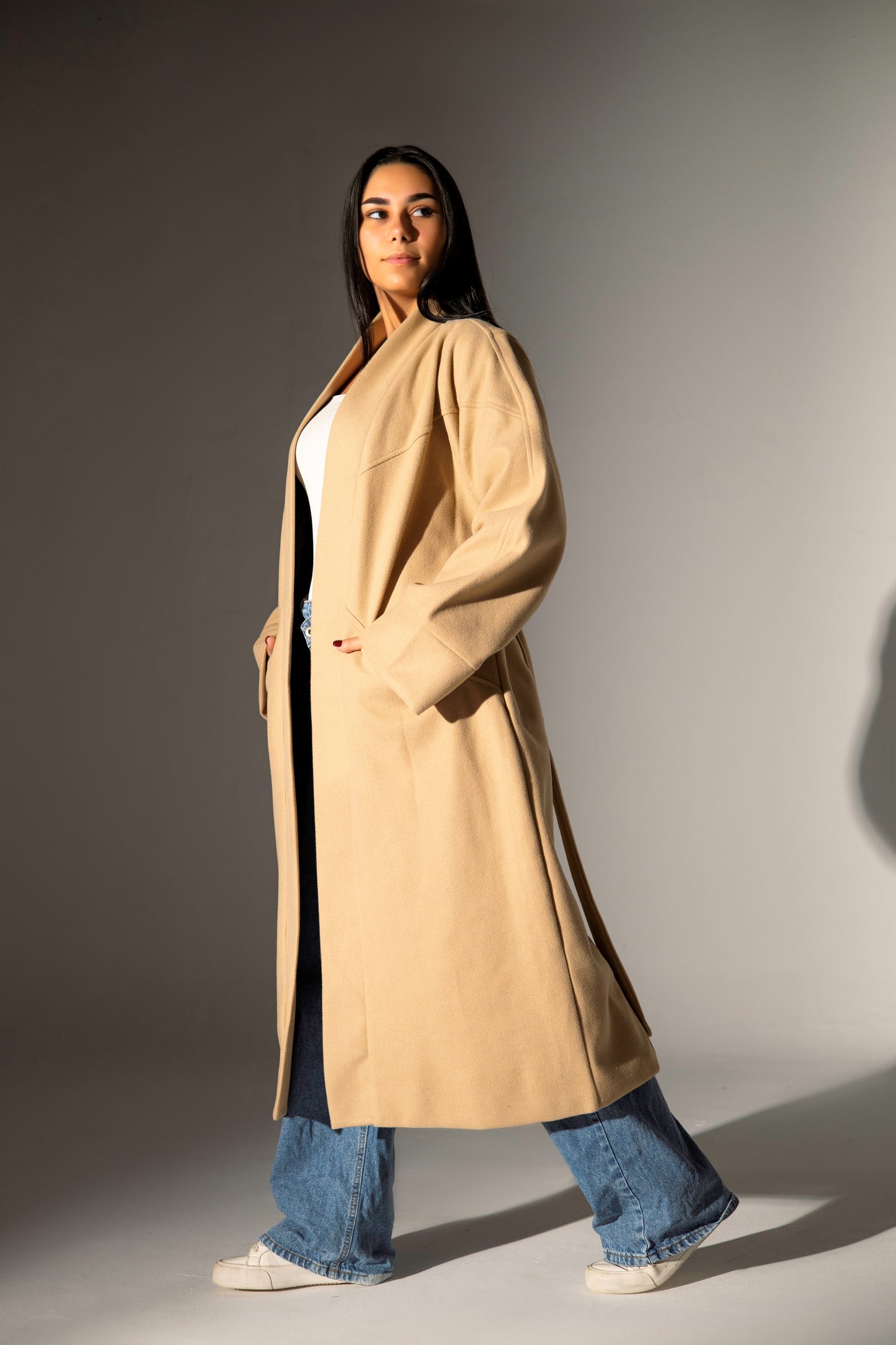 Longline Belted Coat - Beige