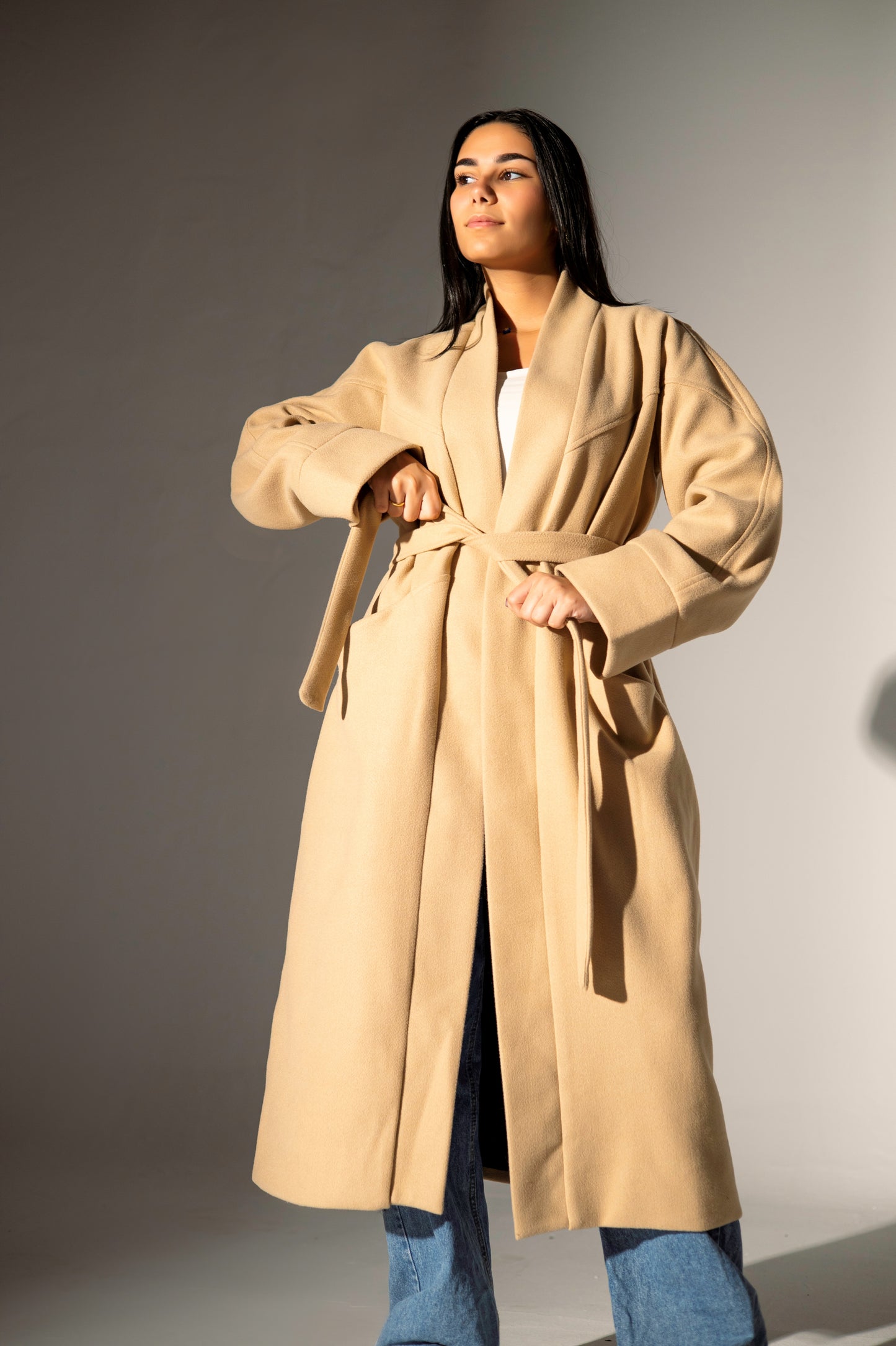 Longline Belted Coat - Beige