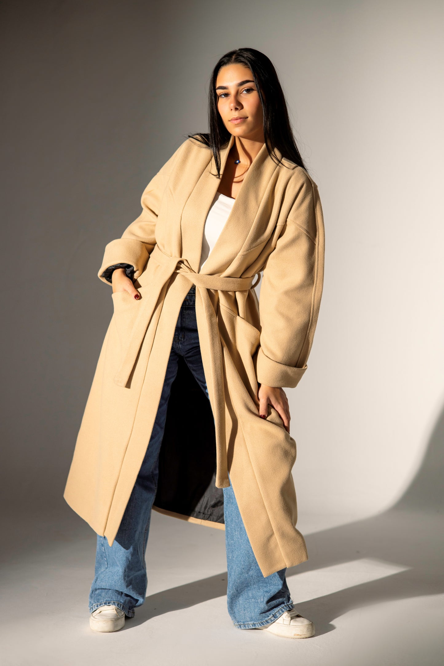 Longline Belted Coat - Beige