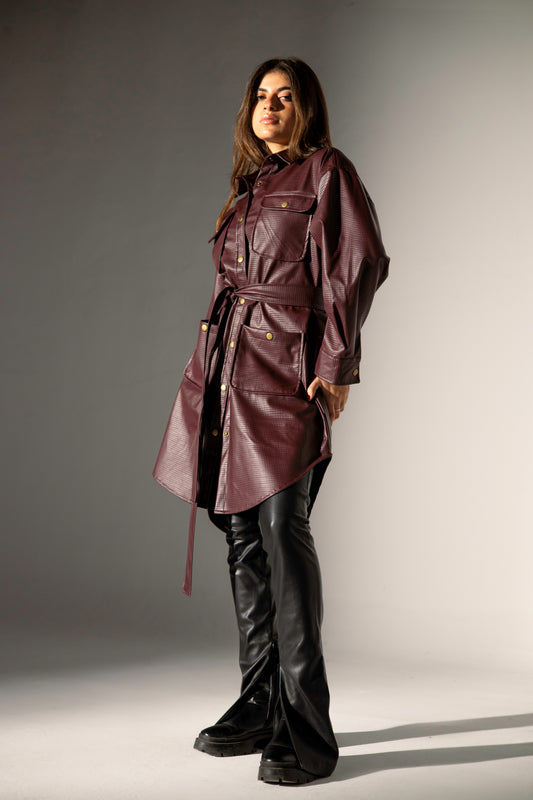 Faux Leather Shirt - Burgundy