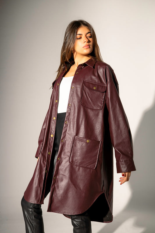 Faux Leather Shirt - Burgundy