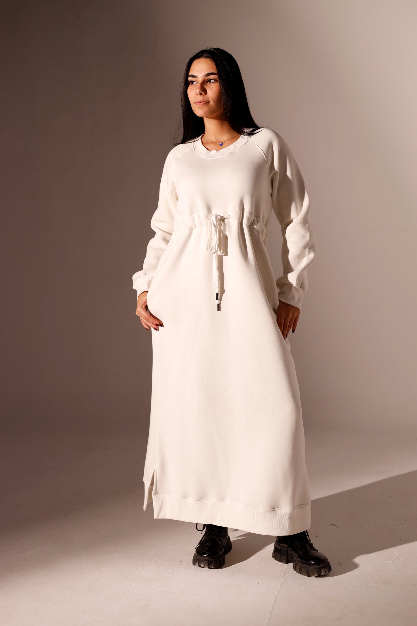 Long Sweatshirt Dress with Pockets - Off White