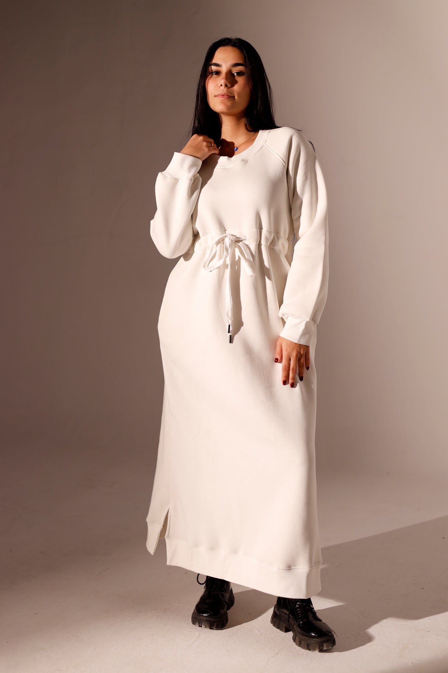 Long Sweatshirt Dress with Pockets - Off White