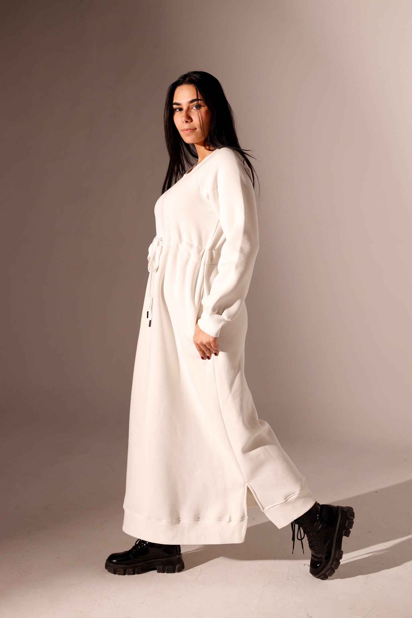 Long Sweatshirt Dress with Pockets - Off White