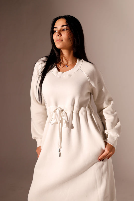 Long Sweatshirt Dress with Pockets - Off White