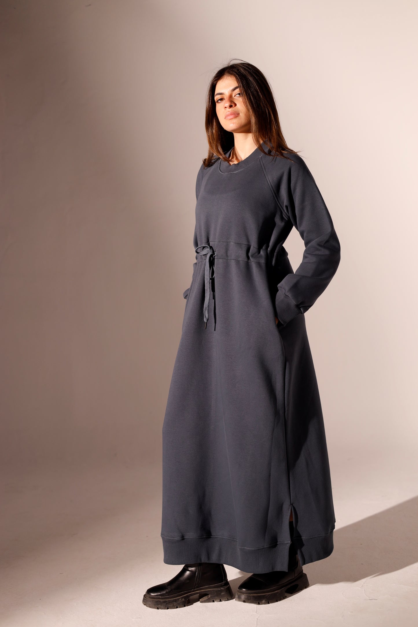 Long Sweatshirt Dress with Pockets - Grey