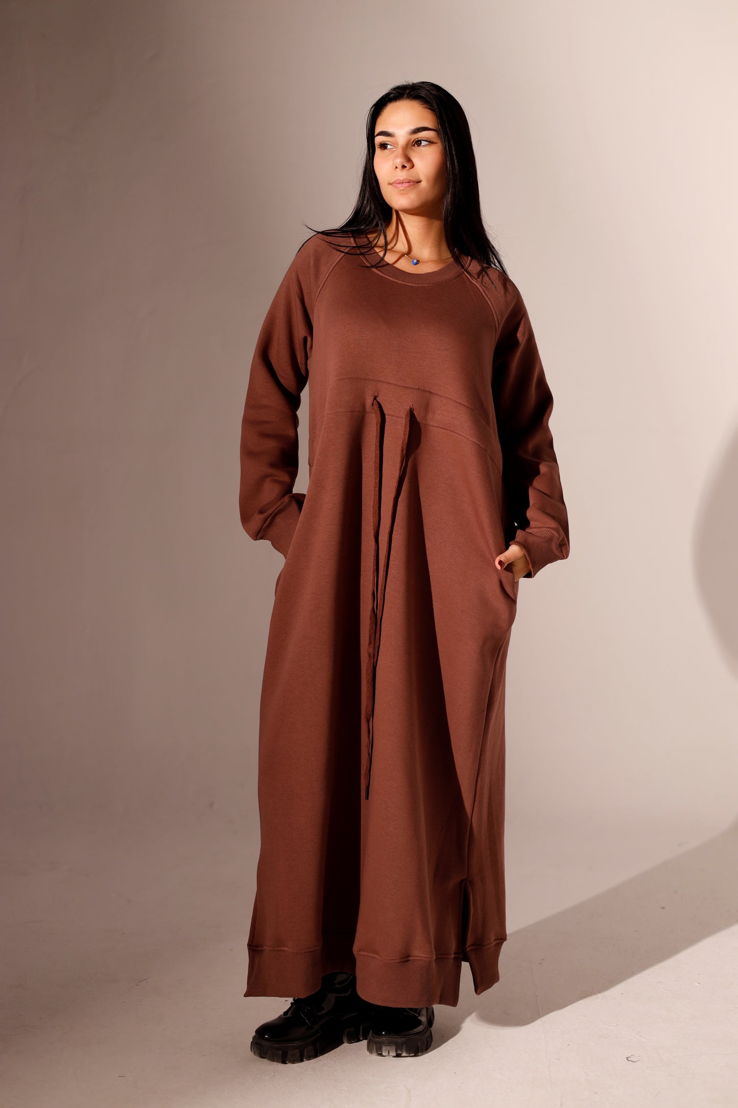 Long Sweatshirt Dress with Pockets - Brown