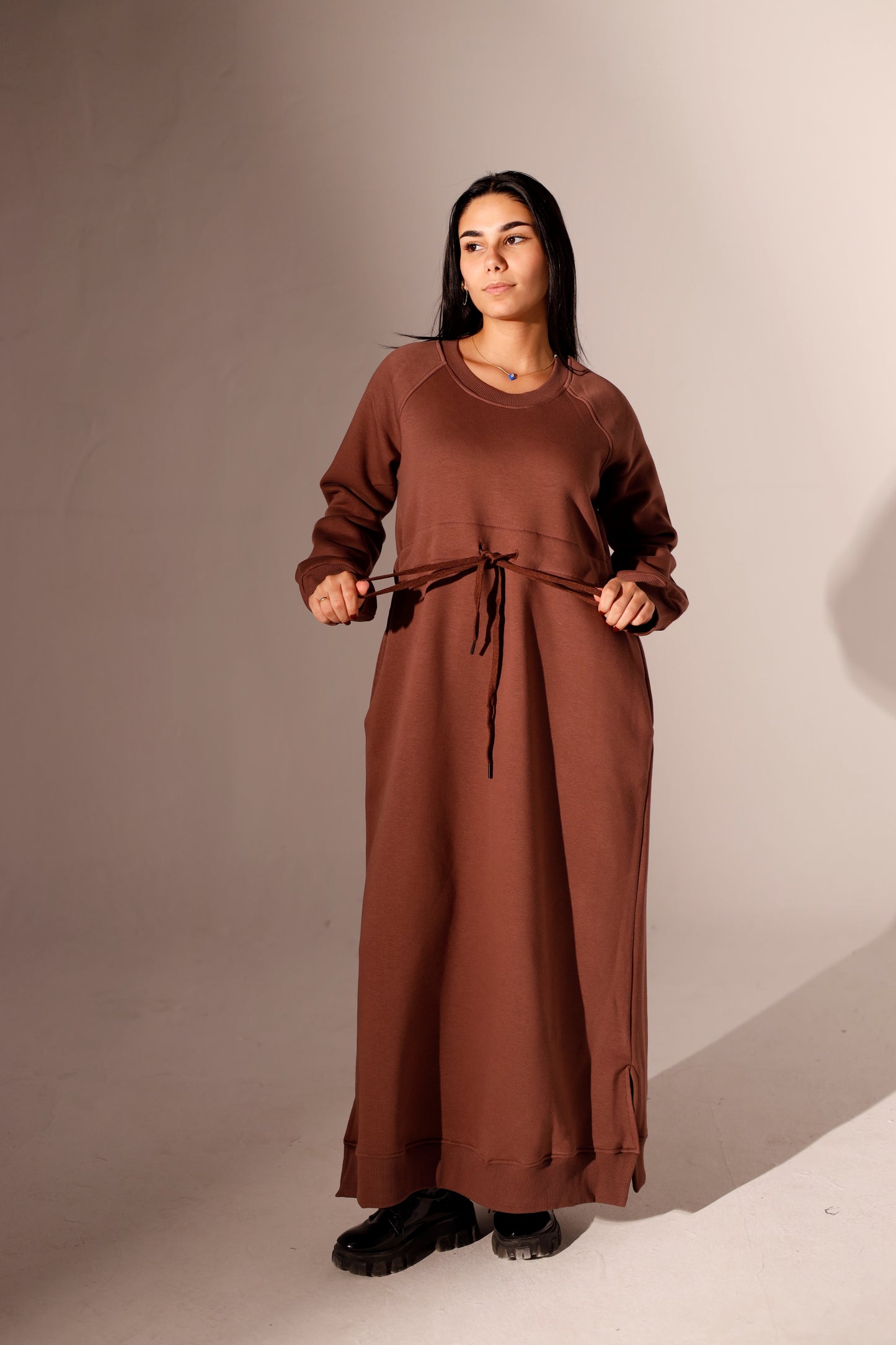 Long Sweatshirt Dress with Pockets - Brown