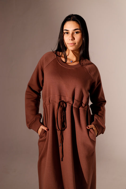 Long Sweatshirt Dress with Pockets - Brown