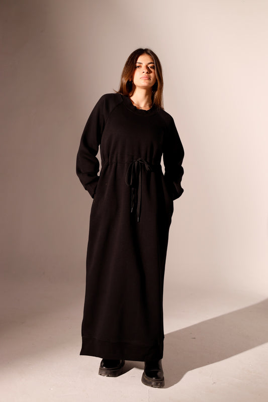 Long Sweatshirt Dress with Pockets - Black