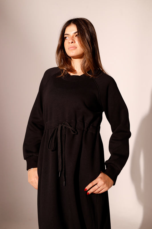 Long Sweatshirt Dress with Pockets - Black