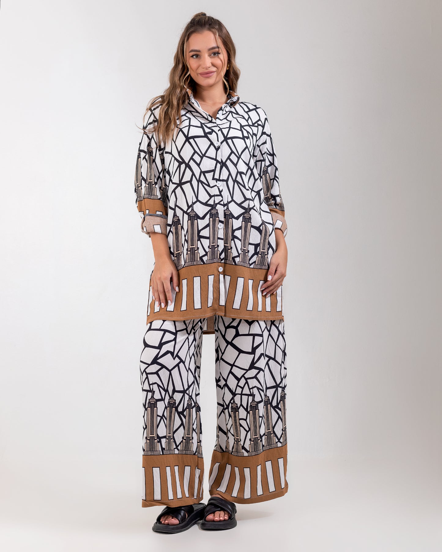 Linen Printed Two-Piece Brown Set