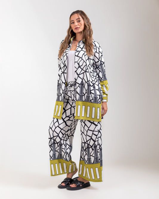 Linen Printed Two-Piece Olive Set