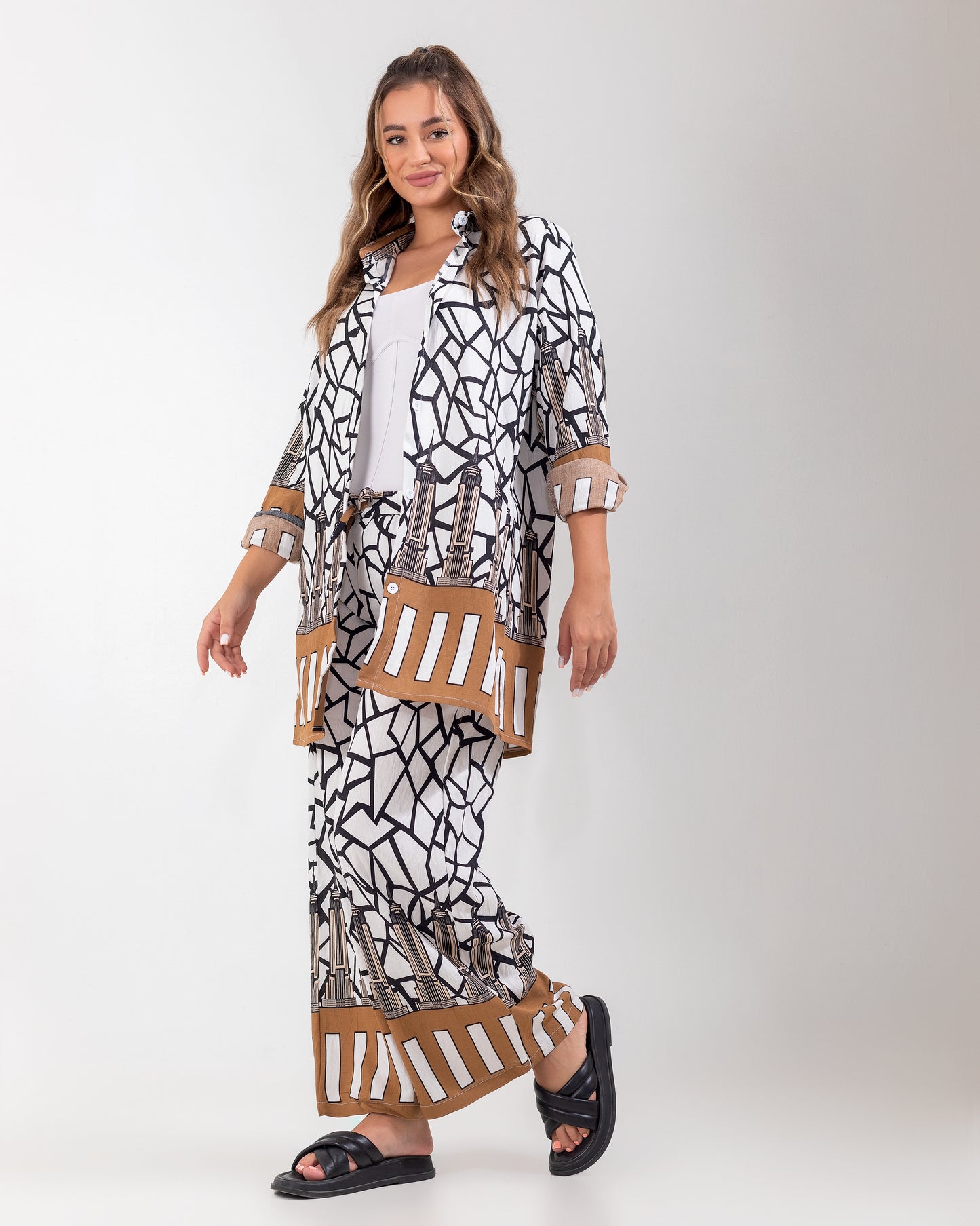 Linen Printed Two-Piece Brown Set