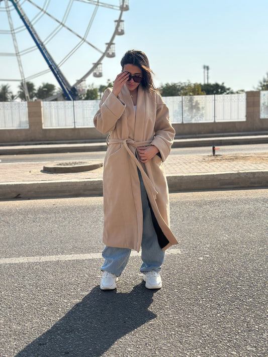 Longline Belted Coat - Beige