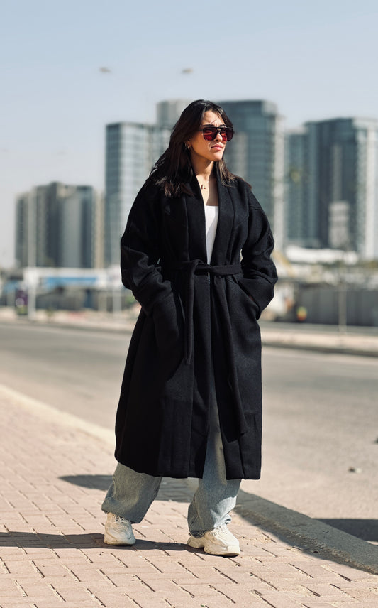 Longline Belted Coat - Black