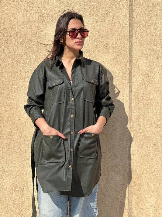 Faux Leather Shirt - Olive