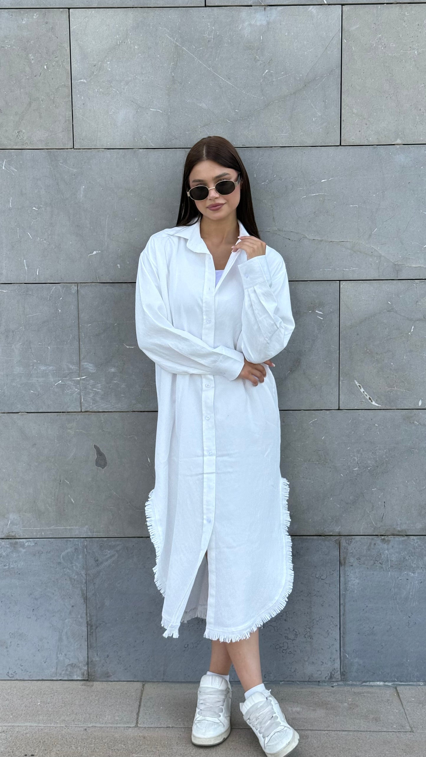 Linen-Cotton Long Shirt Dress