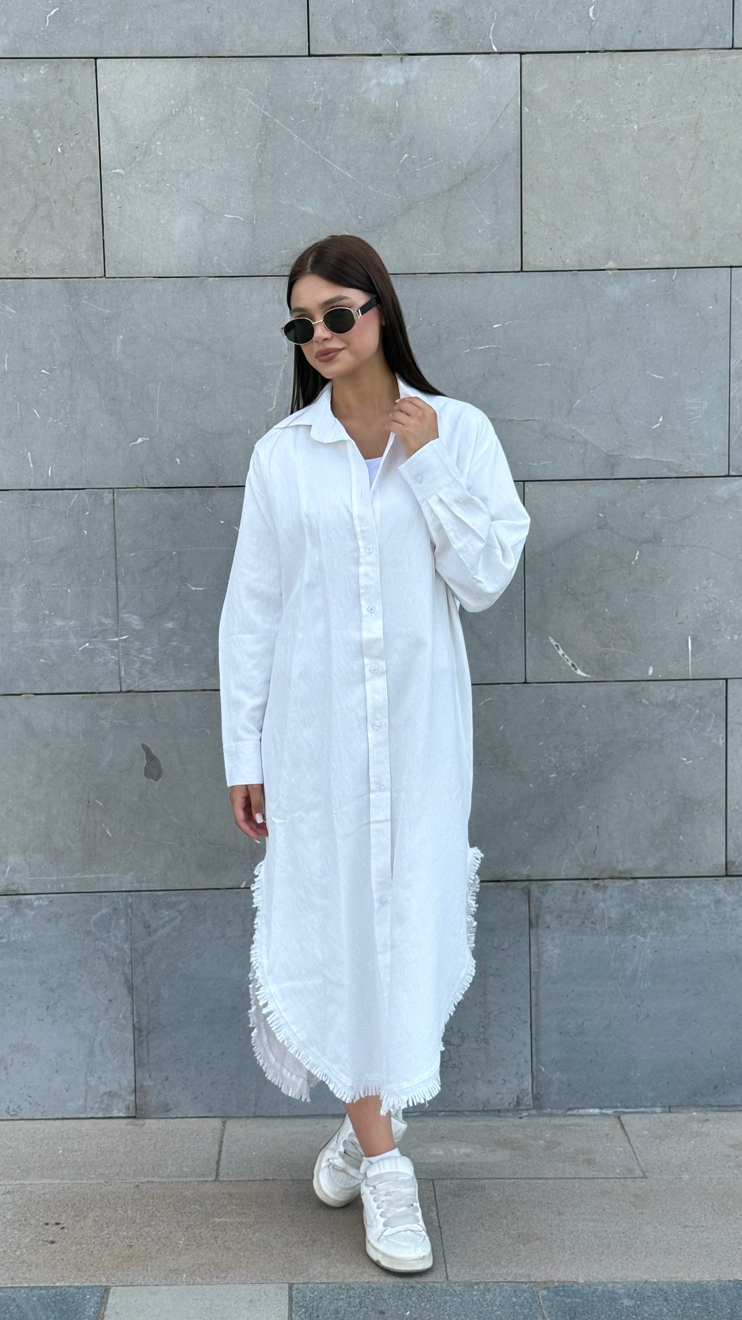 Linen-Cotton Long Shirt Dress
