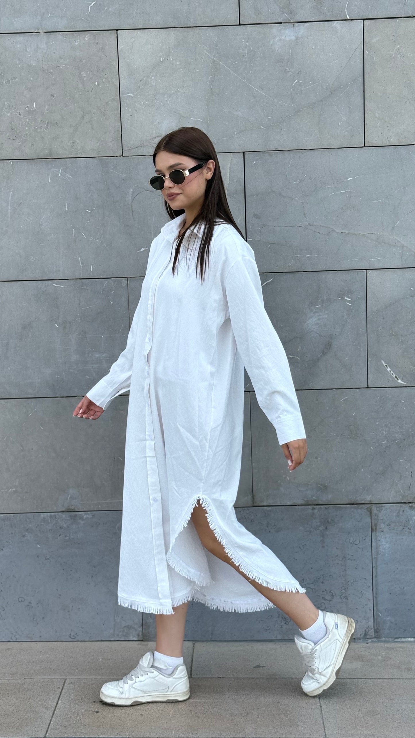 Linen-Cotton Long Shirt Dress