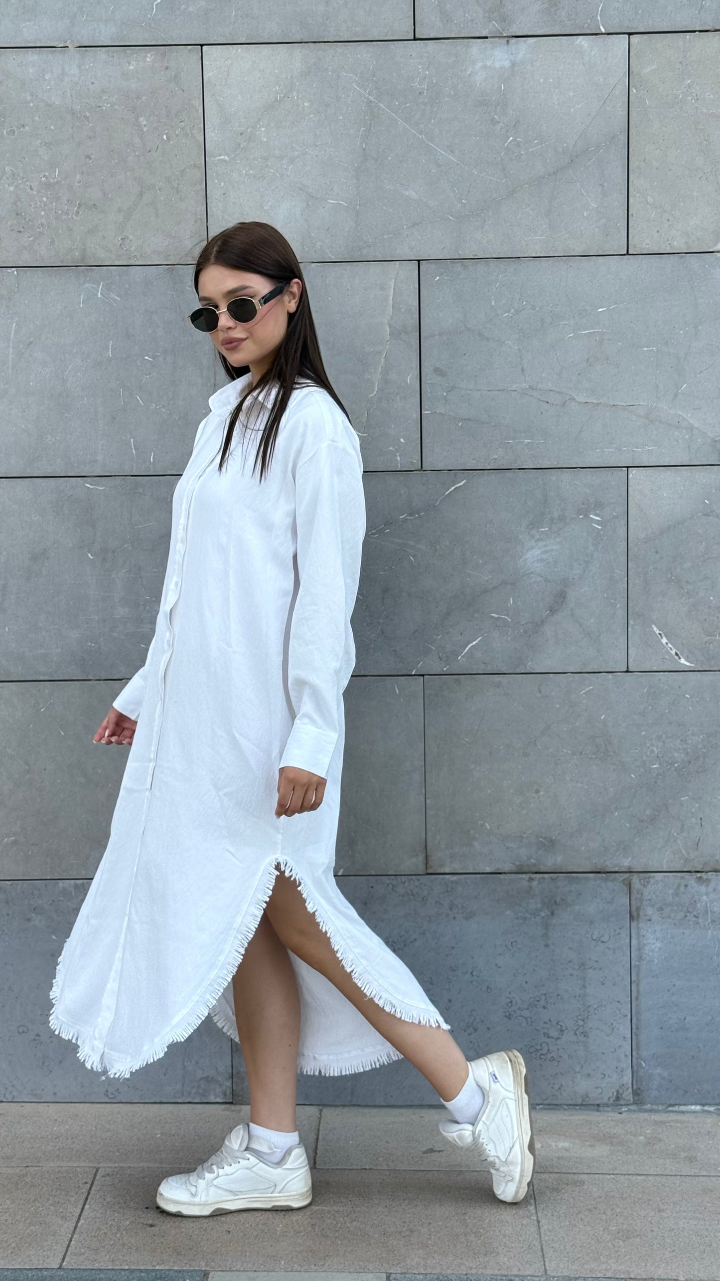 Linen-Cotton Long Shirt Dress