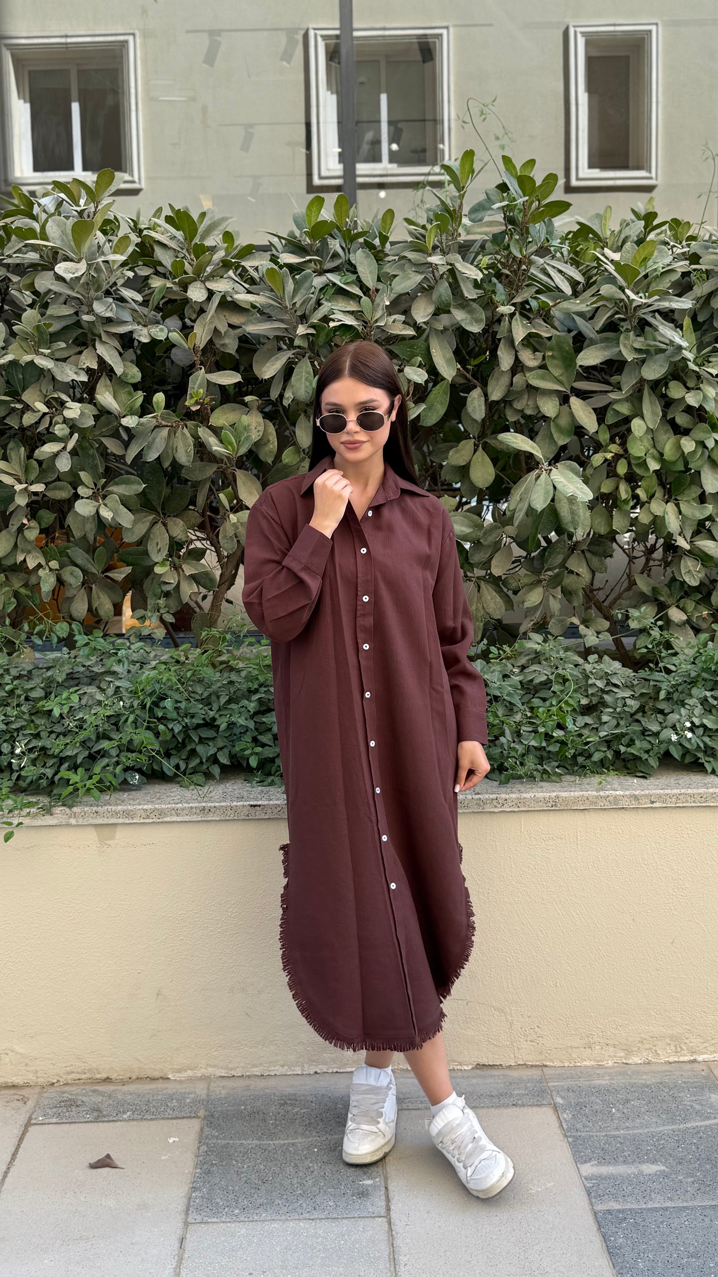 Linen-Cotton Long Shirt Dress