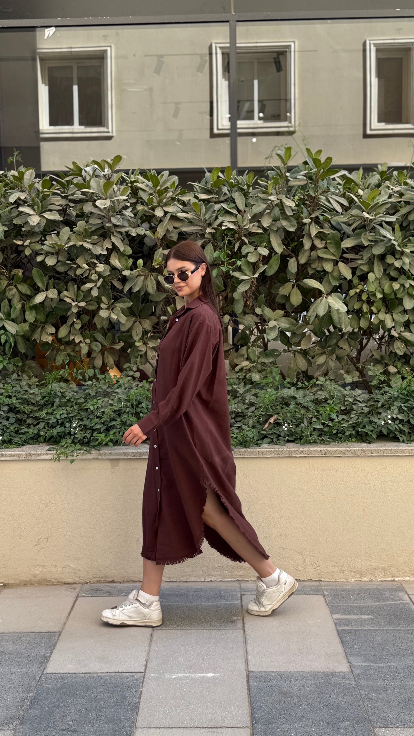 Linen-Cotton Long Shirt Dress