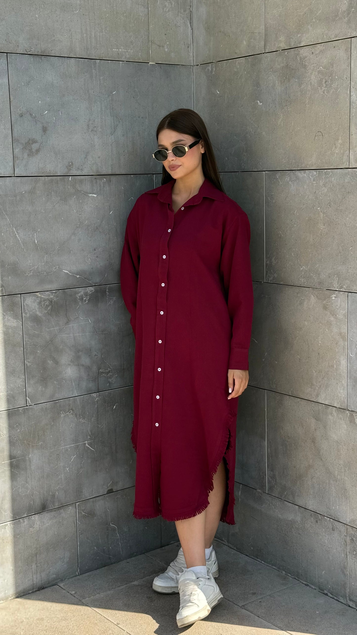 Linen-Cotton Long Shirt Dress