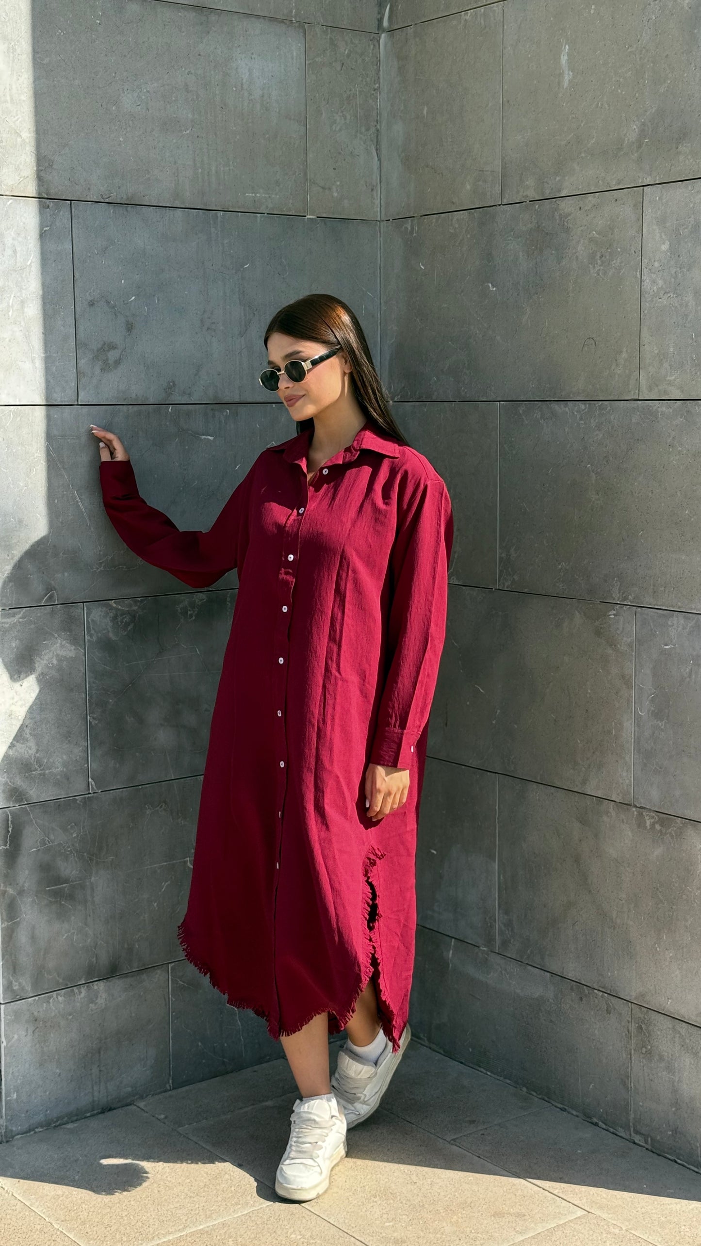 Linen-Cotton Long Shirt Dress