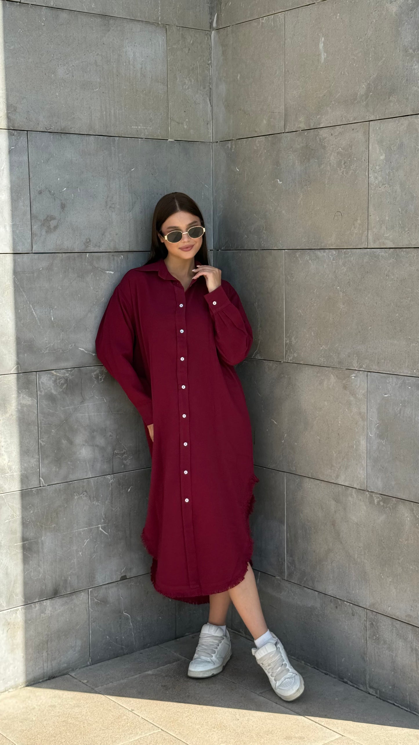 Linen-Cotton Long Shirt Dress