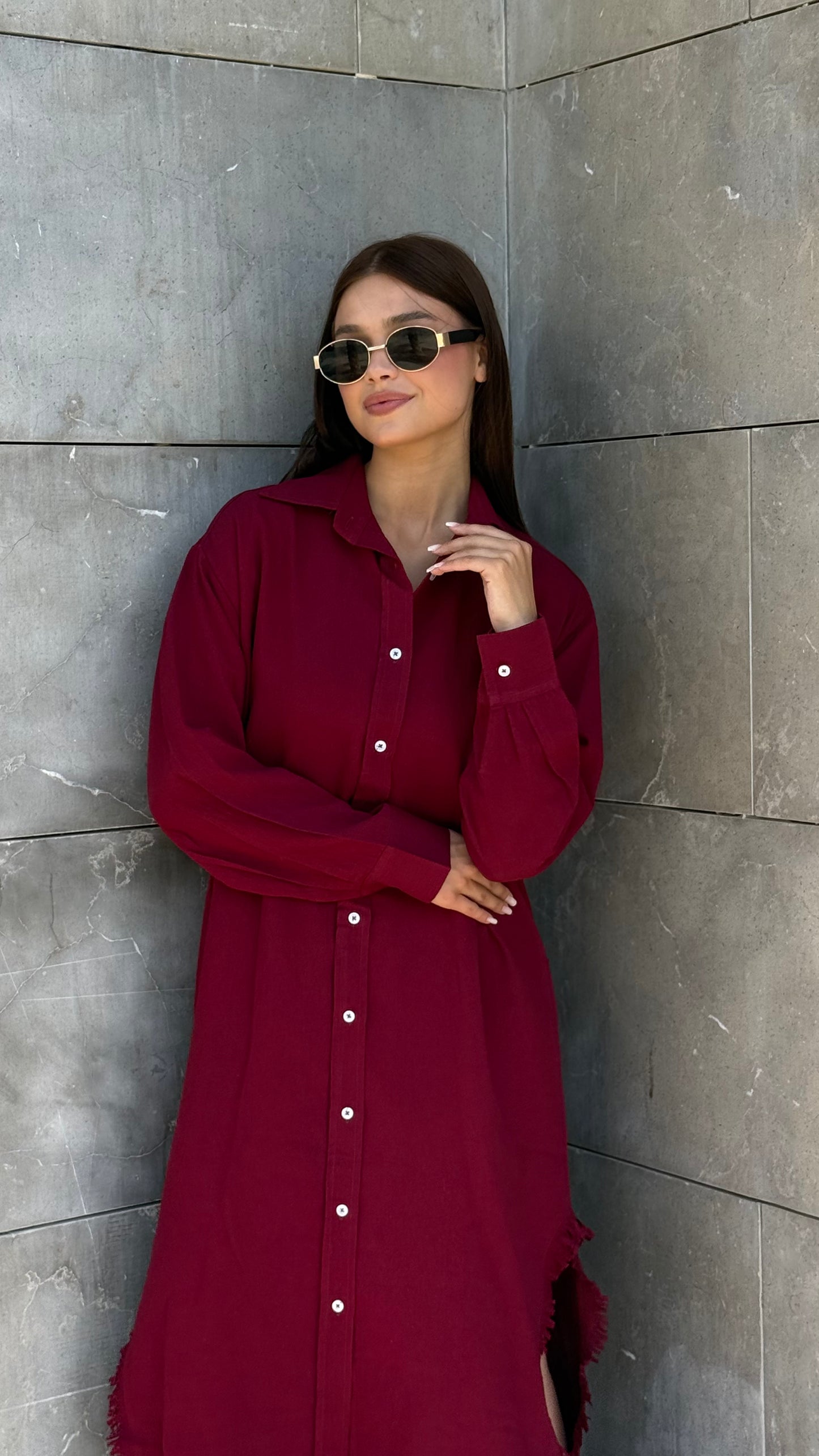 Linen-Cotton Long Shirt Dress