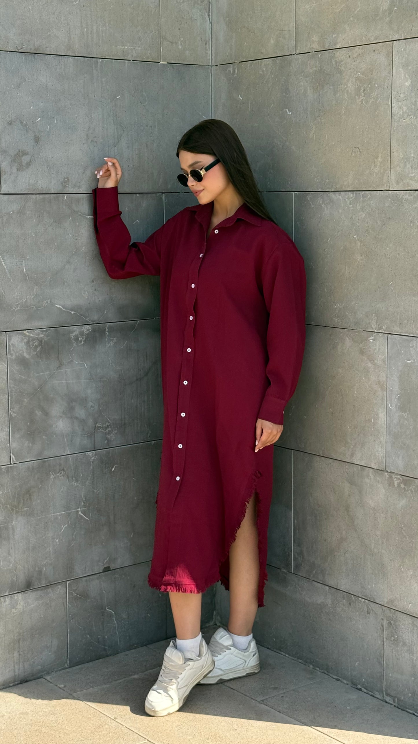Linen-Cotton Long Shirt Dress