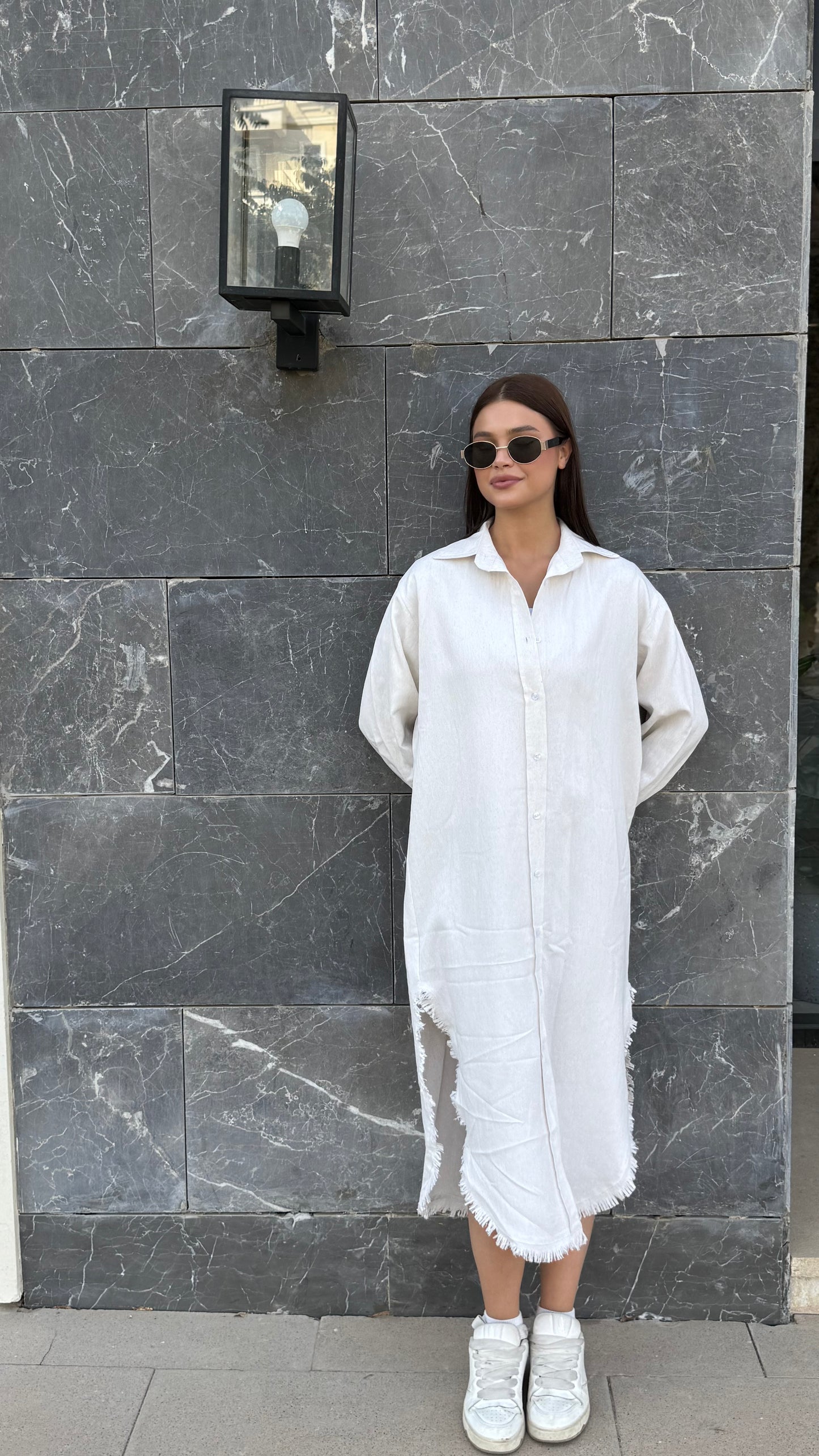 Linen-Cotton Long Shirt Dress