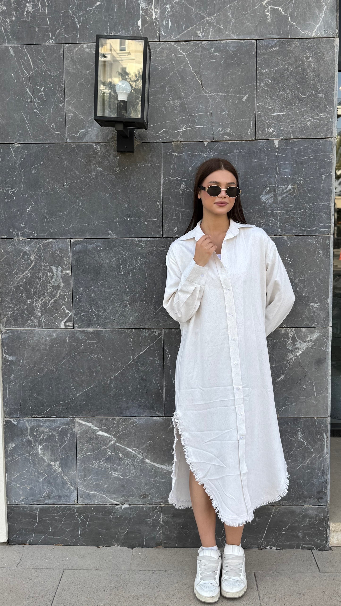 Linen-Cotton Long Shirt Dress