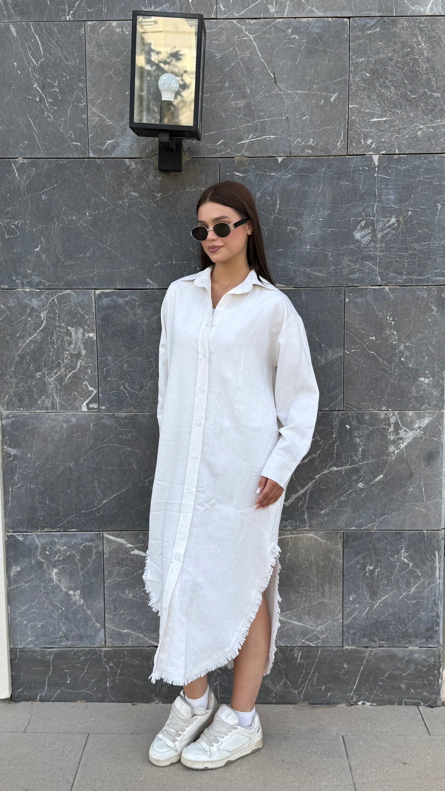 Linen-Cotton Long Shirt Dress